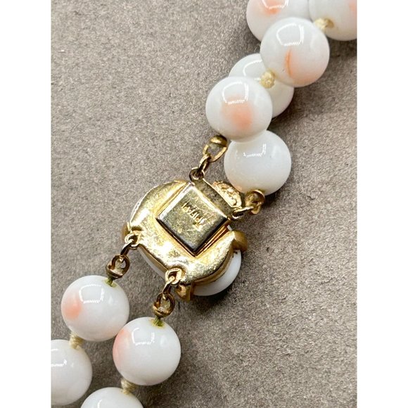 Signed TRIFARI Faux Angel Skin Coral Necklace Glass Beads Hand Knotted Strand - Picture 10 of 13